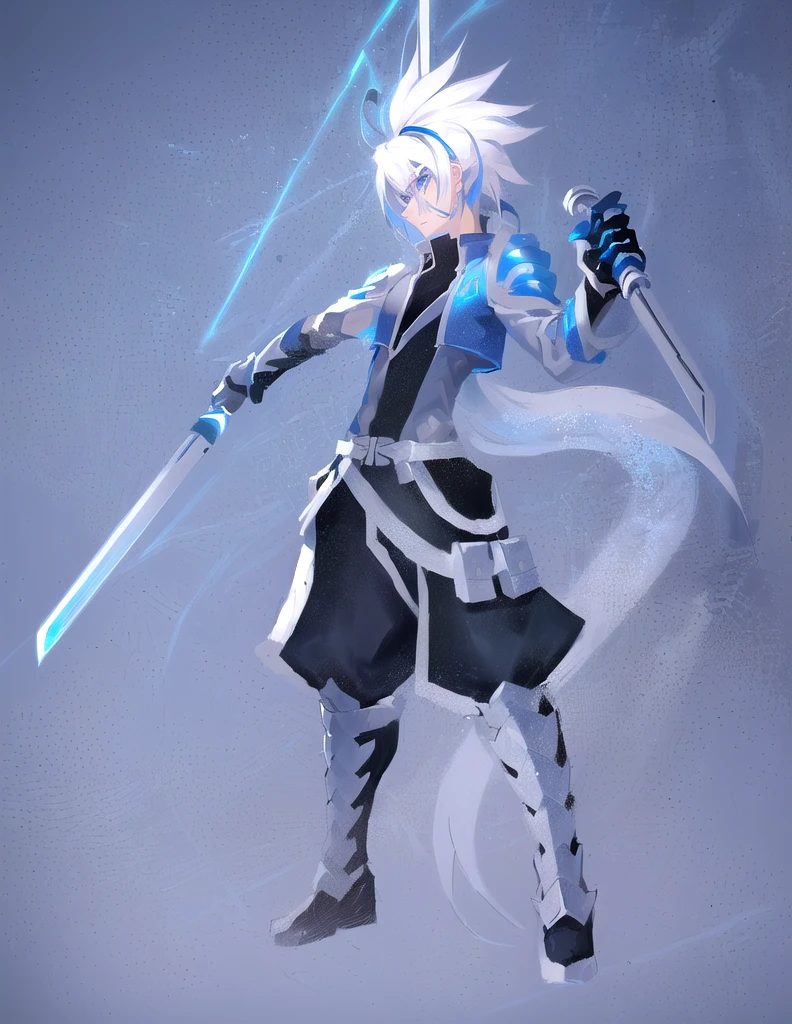 sketches of a drawing of a androgynous young boy with 2 Ninjatō, Kilua from hunter x hunter, an anime drawing, detailed fanart, hero 2d fanart artsation, ( ( character concept art ) ), anime drawing, game art!!, with out shading, anime shading), dramatic wielding sword pose, anime shading, white hair, glowing blue eyes, pale skin, black ninja trousers, black vest, short blue jacket, metallic accents, full body, long ponytail, long hair