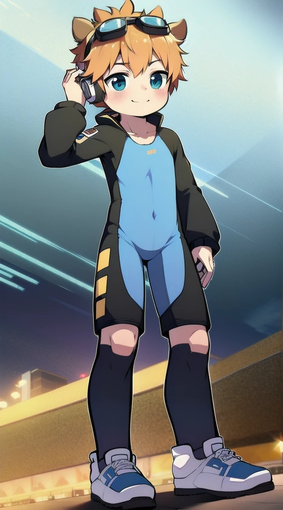 2D Shonen Shota，One-piece mountaineering suit，trumpet，Cow ears，Put the headphones on your head，stand up，goggles，sports shoes，Slim，Smile