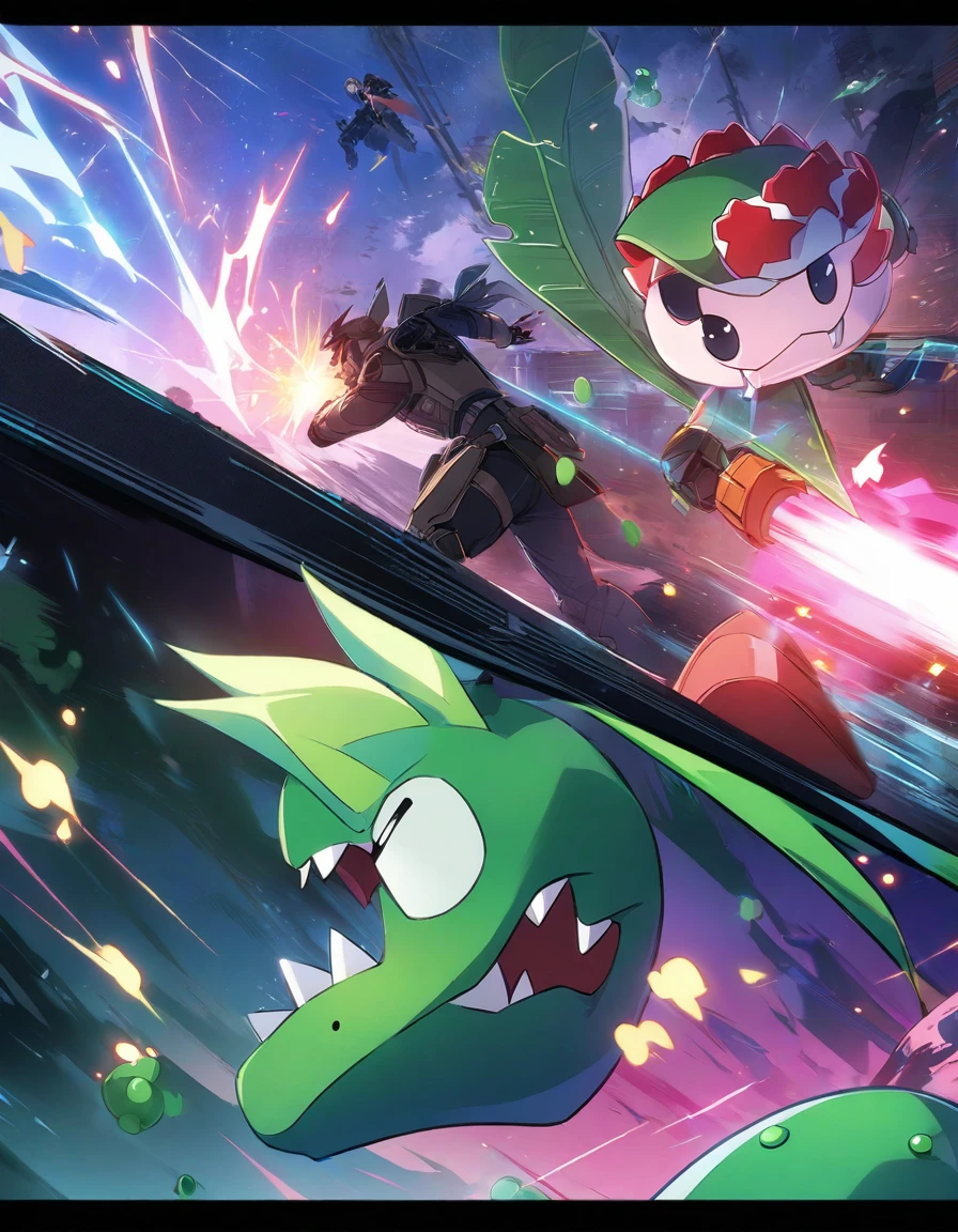 巨大的Pea shooter对决大嘴食人花，There is blood in the mouth of the Piranha Plant，Poster Visual，植物大战僵尸里的Large-mouthed flower，Pea shooter是主角，Pea shooter，Large-mouthed flower，Cartoon Character, Battle with mecha monsters，, 在fighting，，Fight，sideways，In the War，Character art相反游戏角色, high tech，In the future world，fighting，Magic Attacks，Exciting showdown，game character art, Character art, Qataghting，Poster Art，World，fighting中微缩植物世界背景，Sci-fi style，comics，Pea shooter大战，Plant Warfare，Large-mouthed flower，Magic duel