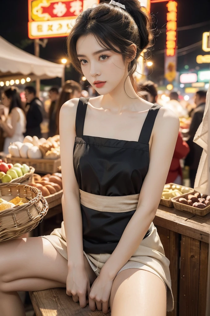 (((best quality))),(((ultra detailed))),(((masterpiece))),illustration,(1 beautiful girl,solo),(short ponytail:1.2),(sheer apron:1.2),((bare shoulder,bare arms)),((slim,thin)),((small breasts,flat chest)),((slender legs,sneakers)),shopping, market, meat, bustling,early morning,bright eyes, flushed face, lively appearance, energetic, vendors, calls, wares, plastic sheets, spices, haggling, examining, cuts, beef, stall, butcher paper, scale, kaleidoscope, colors, sounds, fruits, vegetables, animated, talking, joking, background, food stall, breakfast rolls, vendor, steaming, fresh bread, butter, early hour, energy, chatting, vibrant, chaotic, community,((night scene,outdoor)),(surrounded by crowded crowds:1.3),((sitting on a stool,arms behind back,spread legs apart)),((from front,upper body))