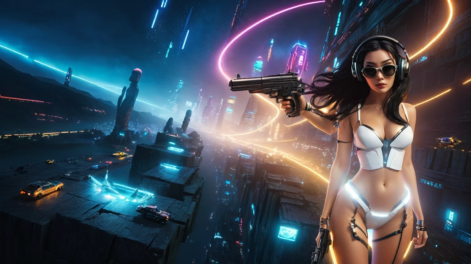 At night, dark sky, distant shot aerial view of fantasy cyberpunk style ((Moai-statue)) city, ((flying vehicle)). ((1girl, solo, alone)), medium-breast:1.1 slim body, cleavage, sexy clothes, (headphone, black sunglasses, long black realistic hair), (((hip-up standing and holding pistol))), half-body thigh level medium shot, cinematic lighting.