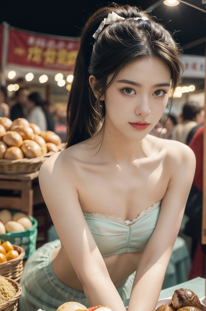 (((best quality))),(((ultra detailed))),(((masterpiece))),illustration,(1 beautiful girl,solo),(short ponytail:1.2),(strapless sheer bra:1.3),((bare shoulder,bare arms)),((slim,thin)),((small breasts,flat chest)),shopping, market, meat, bustling,early morning,bright eyes, flushed face, lively appearance, energetic, vendors, calls, wares, plastic sheets, spices, haggling, examining, cuts, beef, stall, butcher paper, scale, kaleidoscope, colors, sounds, fruits, vegetables, animated, talking, joking, background, food stall, breakfast rolls, vendor, steaming, fresh bread, butter, early hour, energy, chatting, vibrant, chaotic, community,((night scene,outdoor)),(surrounded by crowded crowds:1.3),((from front,close-up of face))