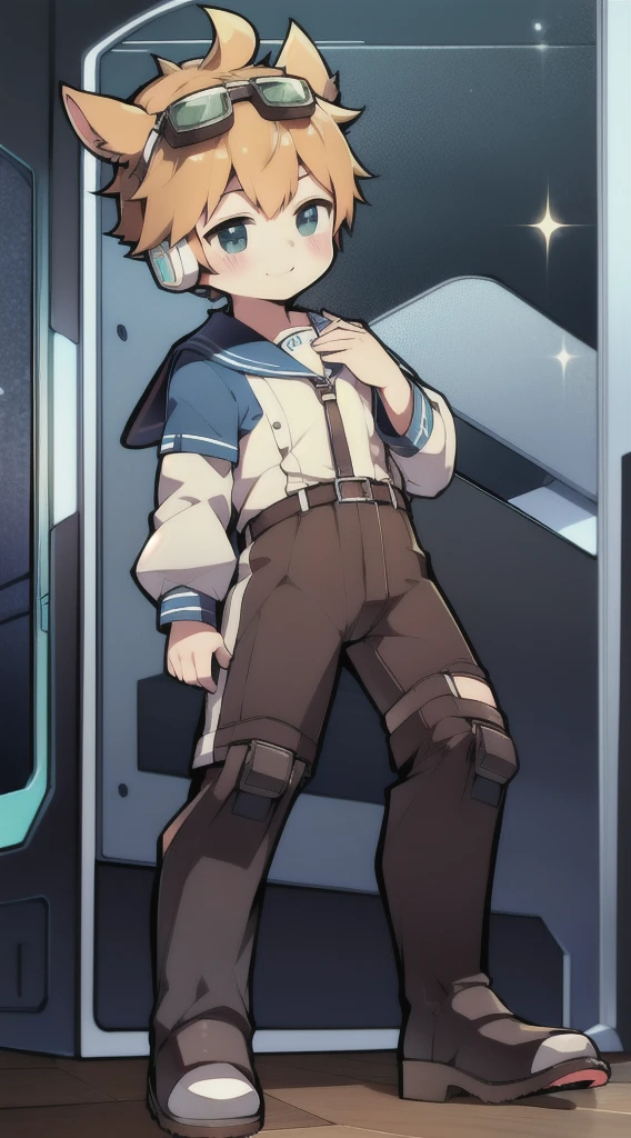 2D Shonen Shota,Dark green climbing jumpsuit,Slim, healthy body,Put the headphones on your head,stand up,goggles,Rabbit ears,Happy,Sailor collar,boots,charming,Akimbo