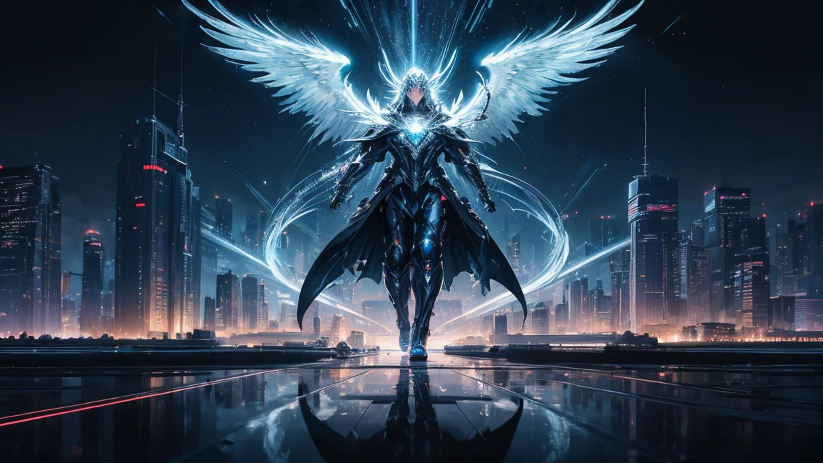 ((masterpiece, Highest quality, Best image quality, High resolution、4k)) One silver-masked angel of justice、Glowing white wings、Glowing halo、Huge railgun、Cyberface。Flowing White Cyber Robe、god々Shining with a bright light。Shiny advanced cybernetic enhancements. Seen in dynamic action poses, reflection on a smooth surface. The cityscape below is filled with towering skyscrapers., illuminated by colorful holographic advertisements, Shining with blue energy, Mighty power. The overall atmosphere is dark and mysterious., It had a futuristic techno vibe.. The lighting is dramatic, Intense highlights and deep shadows, Creates depth and tension
