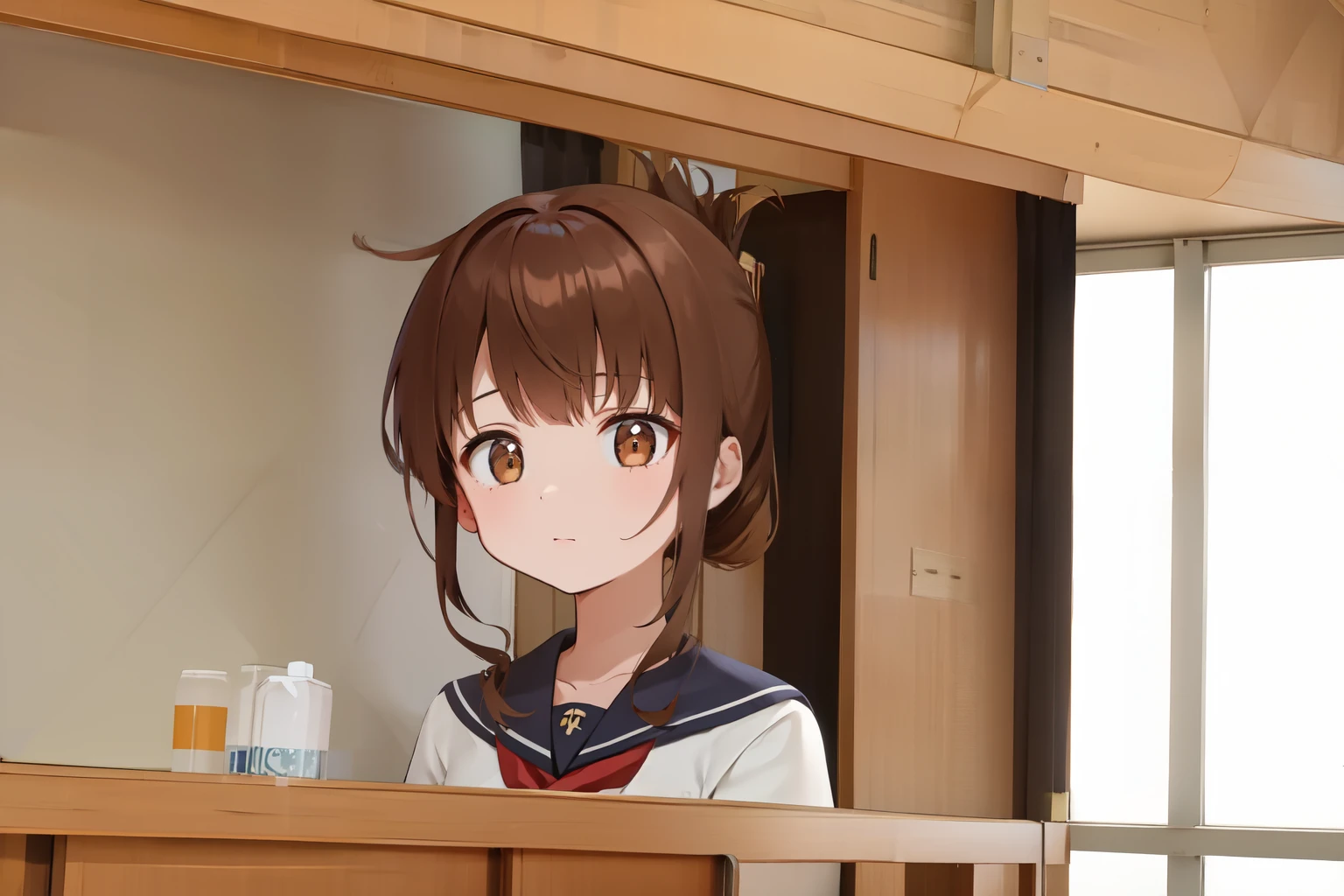 A female student in a sailor uniform sitting on the floor of the gymnasium and watching a physical education class because she feels unwell,(masterpiece, best quality:1.2),illustration,8K,HD,1girl,独奏,upper body,(portrait:1.2),brown_hair,folded_ponytail,brown_eyes,serafuku,long_hair,school_uniform,skirt,pleated_skirt,
