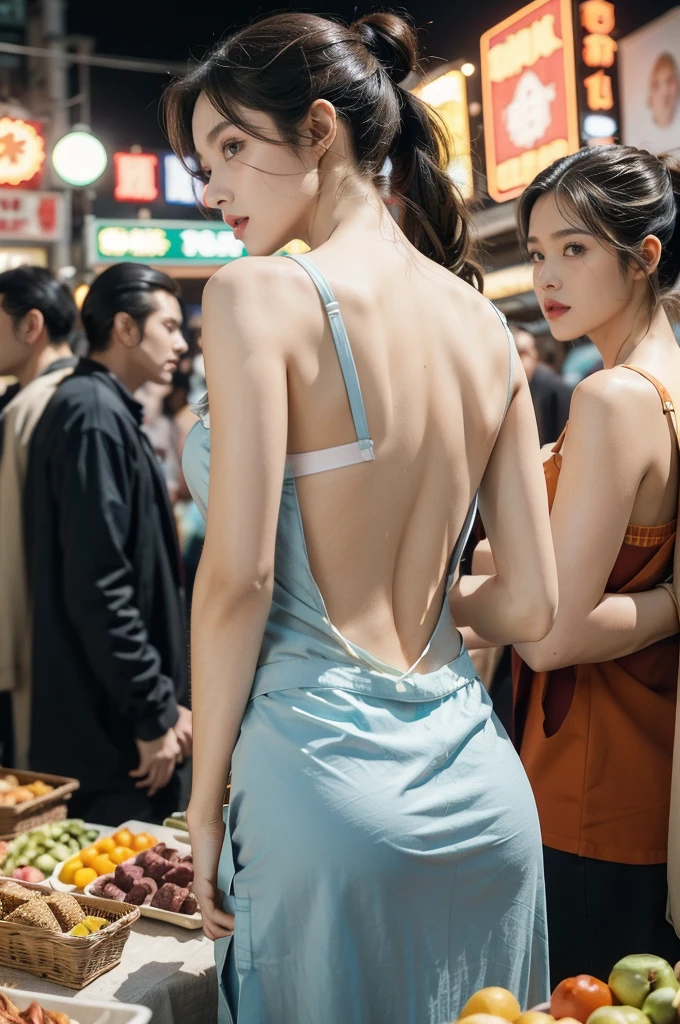 (((best quality))),(((ultra detailed))),(((masterpiece))),illustration,(1 beautiful girl,solo),(short ponytail:1.2),(sheer apron:1.2),((bare shoulder,bare arms)),((slim,thin)),((bare back,towering hips,butt crack)),shopping, market, meat, bustling,early morning,bright eyes, flushed face, lively appearance, energetic, vendors, calls, wares, plastic sheets, spices, haggling, examining, cuts, beef, stall, butcher paper, scale, kaleidoscope, colors, sounds, fruits, vegetables, animated, talking, joking, background, food stall, breakfast rolls, vendor, steaming, fresh bread, butter, early hour, energy, chatting, vibrant, chaotic, community,((night scene,outdoor)),(surrounded by crowded crowds:1.3),((from back,upper body))