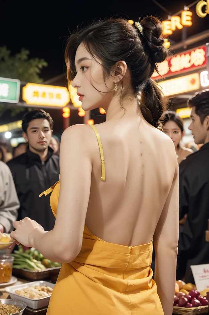 (((best quality))),(((ultra detailed))),(((masterpiece))),illustration,(1 beautiful girl,solo),(short ponytail:1.2),(sheer apron:1.2),((bare shoulder,bare arms)),((slim,thin)),((bare back,towering hips,butt crack)),shopping, market, meat, bustling,early morning,bright eyes, flushed face, lively appearance, energetic, vendors, calls, wares, plastic sheets, spices, haggling, examining, cuts, beef, stall, butcher paper, scale, kaleidoscope, colors, sounds, fruits, vegetables, animated, talking, joking, background, food stall, breakfast rolls, vendor, steaming, fresh bread, butter, early hour, energy, chatting, vibrant, chaotic, community,((night scene,outdoor)),(surrounded by crowded crowds:1.3),((from back,upper body))