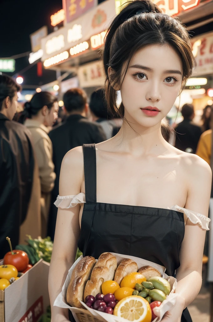 (((best quality))),(((ultra detailed))),(((masterpiece))),illustration,(1 beautiful girl,solo),(short ponytail:1.2),(sheer apron:1.2),((bare shoulder,bare arms)),((slim,thin)),((small breasts,flat chest)),shopping, market, meat, bustling,early morning,bright eyes, flushed face, lively appearance, energetic, vendors, calls, wares, plastic sheets, spices, haggling, examining, cuts, beef, stall, butcher paper, scale, kaleidoscope, colors, sounds, fruits, vegetables, animated, talking, joking, background, food stall, breakfast rolls, vendor, steaming, fresh bread, butter, early hour, energy, chatting, vibrant, chaotic, community,((night scene,outdoor)),(surrounded by crowded crowds:1.3),((from front,upper body))