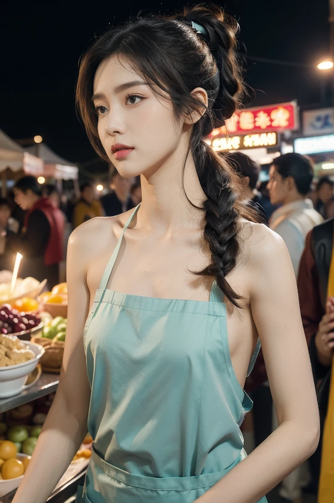 (((best quality))),(((ultra detailed))),(((masterpiece))),illustration,(1 beautiful girl,solo),(short ponytail:1.2),(sheer apron:1.2),((bare shoulder,bare arms)),((slim,thin)),((small breasts,flat chest)),shopping, market, meat, bustling,early morning,bright eyes, flushed face, lively appearance, energetic, vendors, calls, wares, plastic sheets, spices, haggling, examining, cuts, beef, stall, butcher paper, scale, kaleidoscope, colors, sounds, fruits, vegetables, animated, talking, joking, background, food stall, breakfast rolls, vendor, steaming, fresh bread, butter, early hour, energy, chatting, vibrant, chaotic, community,((night scene,outdoor)),(surrounded by crowded crowds:1.3),((from front,upper body))