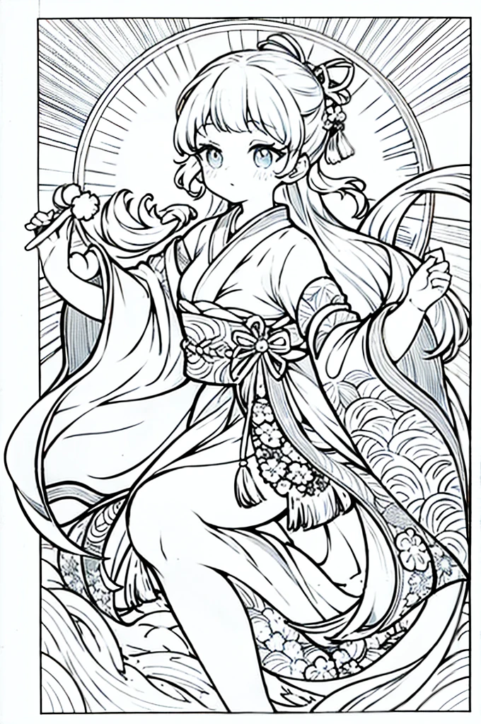 As a coloring book, the color should be black and white, the border should be simple, clear, and bold. A graceful Asian girl with elegant movements is performing a traditional Japanese dance in a grand [Kabuki theater]. She is wearing an exquisite [kimono with crane pattern], the flowing silk fabric accentuating her graceful movements. The girl's face is painted with delicate makeup, and her hair is adorned with an elaborate [hair ornament]. The intricate details of the kimono and the theater setting provide a rich visual tapestry for the coloring book illustration.