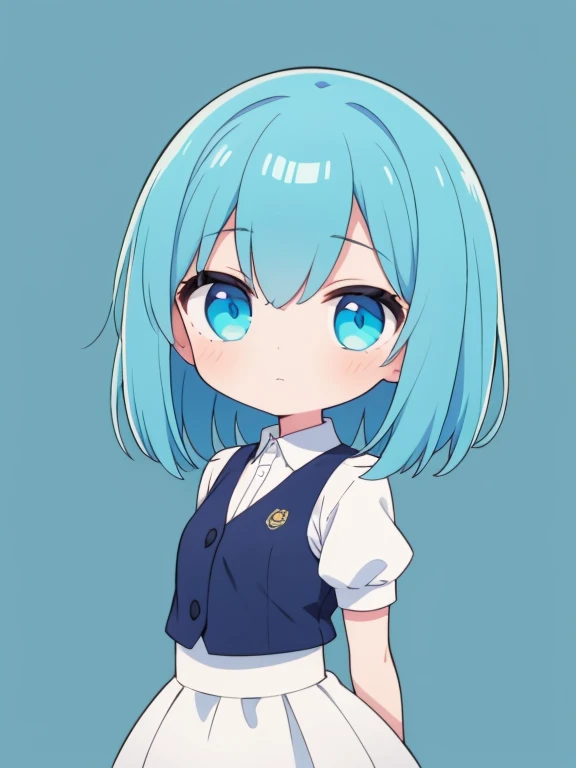 1girl, solo, secretary, whole body, cowboy shot, facing viewer, arms at sides, upright dress shirt, gray shirt, cyan color vest, neutral background, medium length hair,, cyan hair color, {{{{{chibi}}}}}, expressionless