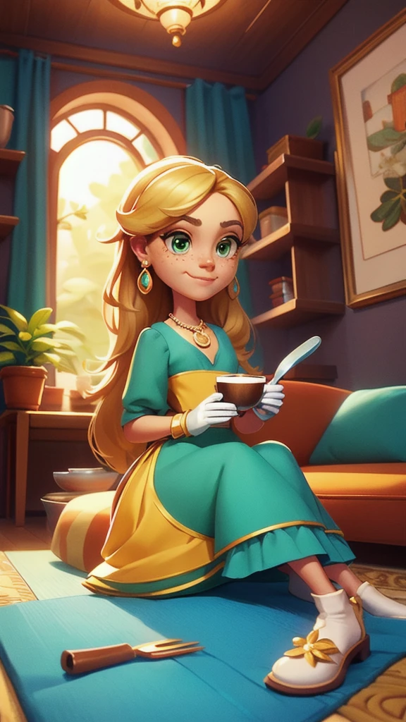 Concept Art,character illustration of a,European and American cartoons,(whole body:1.5),Mid-Long View,carpet,(Puppy lying on the floor),shoe,一个20岁的金发女生悠闲的sit在living room,blonde,Holding a cup of coffee,A laid-back expression,Relax,Leisure,European and American cartoons,1 Girl,freckle,Solitary,Jewelry,Green Eyes,Weaving,earrings,twin Weavings,necklace,Looking at the audience,,plant,Puff sleeves,bracelet,Smile,Long hair,puffy short sleeve,Necklace,dress,flower,Coffee cup,Gloves,earrings,Jewelry,肘部Gloves,cup,,sit,sofa,window,cake,小cake,sofa,living room,solo