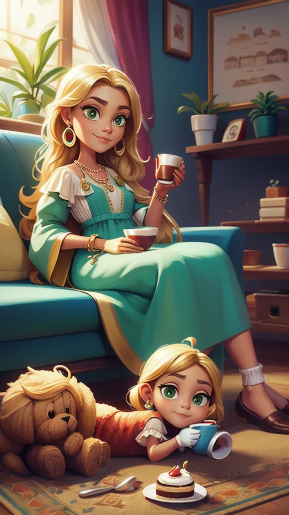 Concept Art,character illustration of a,European and American cartoons,（whole body：1.5），Mid-Long View，carpet，（Puppy lying on the floor），shoe，一个20岁的金发女生悠闲的sit在living room，blonde，Holding a cup of coffee，A laid-back expression，Relax，Leisure，European and American cartoons，1 Girl,freckle,Solitary,Jewelry,Green Eyes,Weaving,earrings,twin Weavings,necklace,Looking at the audience,,plant,Puff sleeves,bracelet,Smile,Long hair,puffy short sleeve,Necklace,dress，flower，Coffee cup，Gloves，earrings，Jewelry，肘部Gloves，cup，，sit，sofa，window，cake，小cake，sofa，living room，solo