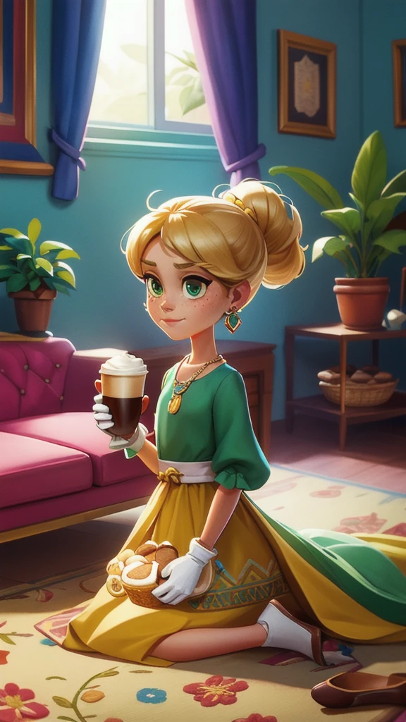 Concept Art,character illustration of a,European and American cartoons,(whole body:1.5),Mid-Long View,carpet,(Puppy lying on the floor),shoe,一个20岁的金发女生悠闲的sit在living room,blonde,Holding a cup of coffee,A laid-back expression,Relax,Leisure,European and American cartoons,1 Girl,freckle,Solitary,Jewelry,Green Eyes,Weaving,earrings,twin Weavings,necklace,Looking at the audience,,plant,Puff sleeves,bracelet,Smile,Long hair,puffy short sleeve,Necklace,dress,flower,Coffee cup,Gloves,earrings,Jewelry,肘部Gloves,cup,,sit,sofa,window,cake,小cake,sofa,living room,solo