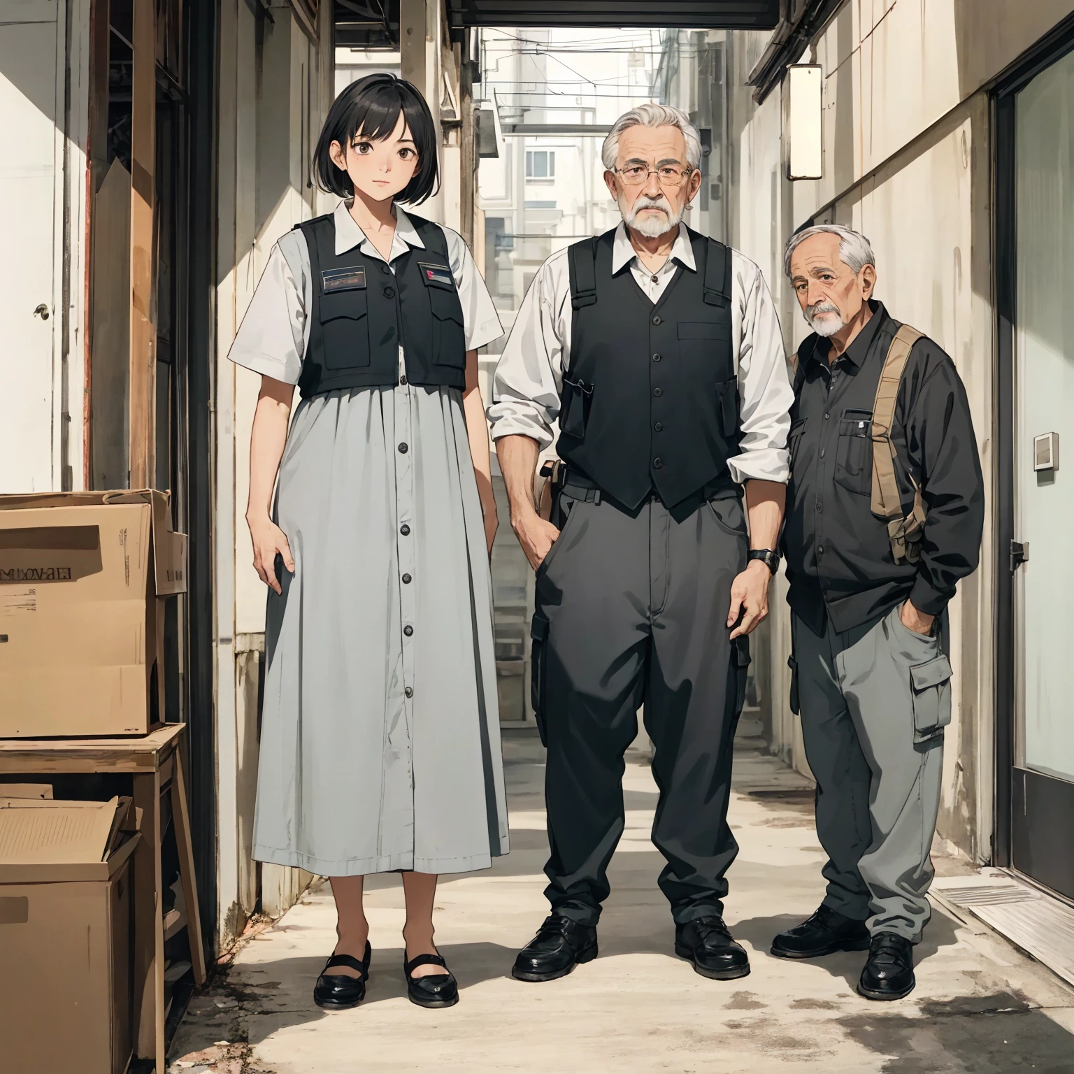 2others, (1girl, _young, small, girl with short gray hair, gray eyes, wearing dirty grey torn dress), (1man, old man, tall, military vest and cargo pants), holding hands, (((size difference:1.5))), tumblr, sosaku hanga, doujin, ddlc, zerochan, top quality, best quality, highres, unparalleled masterpiece, perfect artwork, paid reward available, indoor