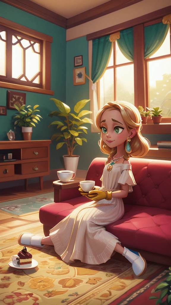 Concept Art,character illustration of a,European and American cartoons,(whole body:1.5),Mid-Long View,carpet,(Puppy lying on the floor),shoe,一个20岁的金发女生悠闲的sit在living room,blonde,Holding a cup of coffee,A laid-back expression,Relax,Leisure,European and American cartoons,1 Girl,freckle,Solitary,Jewelry,Green Eyes,Weaving,earrings,twin Weavings,necklace,Looking at the audience,,plant,Puff sleeves,bracelet,Smile,Long hair,puffy short sleeve,Necklace,dress,flower,Coffee cup,Gloves,earrings,Jewelry,肘部Gloves,cup,,sit,sofa,window,cake,小cake,sofa,living room,solo