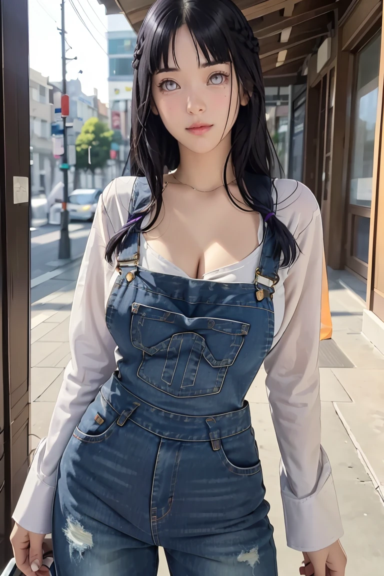 tmasterpiece, best qualityer, ultra - detailed, illustration,1girll,
long whitr hair,dark-blue hair,french braid,Purple eye,bluntbangs,cleavage,Large breasts
shirt,(jeans overalls:1.1),
mideum breasts,
looking at viewert,hyouka/(Boruto/),Detailed lips