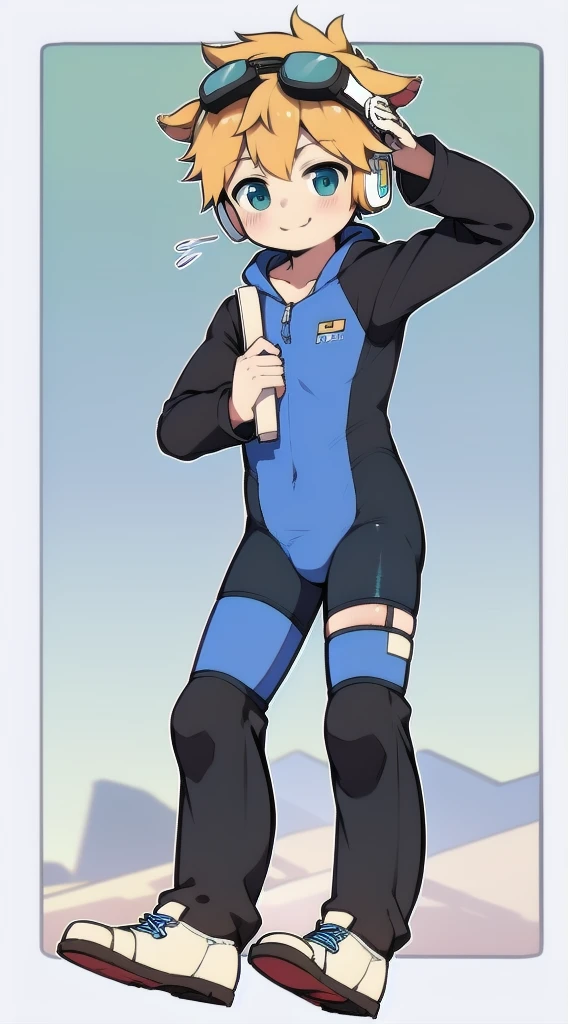 2D Shonen Shota,One-piece mountaineering suit,trumpet,Cow ears,Put the headphones on your head,stand up,goggles,sports shoes,Slim,Smile