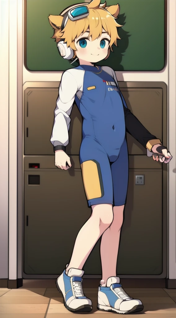 2D Shonen Shota,One-piece mountaineering suit,trumpet,Cow ears,Put the headphones on your head,stand up,goggles,sports shoes,Slim,Smile