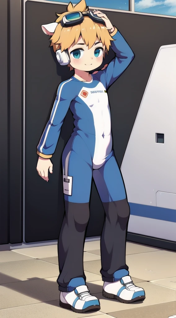 2D Shonen Shota,One-piece mountaineering suit,trumpet,Cow ears,Put the headphones on your head,stand up,goggles,sports shoes,Slim,Smile