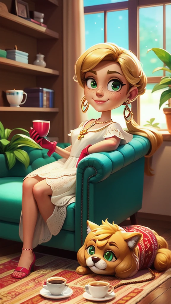 Concept Art,character illustration of a,European and American cartoons,（whole body：1.5），Mid-Long View，carpet，（Puppy lying on the floor），shoe，一个20岁的金发女生悠闲的sit在living room，blonde，Holding a cup of coffee，A laid-back expression，Relax，Leisure，European and American cartoons，1 Girl,freckle,Solitary,Jewelry,Green Eyes,Weaving,earrings,twin Weavings,necklace,Looking at the audience,,plant,Puff sleeves,bracelet,Smile,Long hair,puffy short sleeve,Necklace,dress，flower，Coffee cup，Gloves，earrings，Jewelry，肘部Gloves，cup，，sit，sofa，window，cake，小cake，sofa，living room，solo