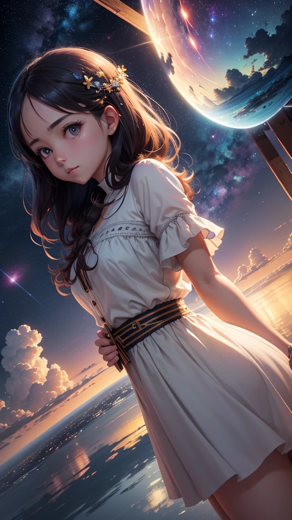 1 girl, Ojo, close up, beautiful night sky, meteor shower, Beyond the Clouds, Fenced water, reflections, wide angels, breathtaking clouds, wide angle, por Makoto Shinkai, thomas kinkade, James Gillard, por holossonialandscape, hdr, volumetric lighting, ray tracing, an intricate, High details, very detailled, deviantart, 4k vertical wallpaper,, colorfully, airy, anime illustration, anime nature wallpaper