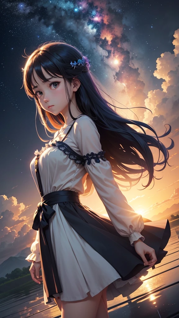 1 girl, Ojo, close up, beautiful night sky, meteor shower, Beyond the Clouds, Fenced water, reflections, wide angels, breathtaking clouds, wide angle, por Makoto Shinkai, thomas kinkade, James Gillard, por holossonialandscape, hdr, volumetric lighting, ray tracing, an intricate, High details, very detailled, deviantart, 4k vertical wallpaper,, colorfully, airy, anime illustration, anime nature wallpaper