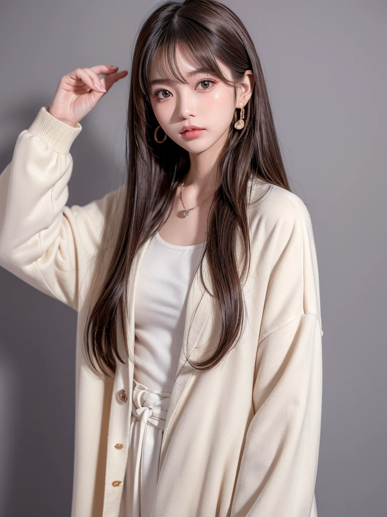 ((Highest quality, 8K, masterpiece:1.3)), concentrated: 1.2, Perfect Body Beauty: 1.4, Hip: 1.2, ((Long Hair, chest: 1.2)), (Dry clothes: 1.1) , (clear, Simple Background:1.3), Simple clothes: 1.1, Highly detailed face and skin texture,Delicate eyes, double eyelid, White skin, Rough skin、Long Hair、Bangs with earrings、necklace、 alone、Beige coat、White shirt, (((Cute Japanese Girl)))、 ((Beautiful Japanese woman 20 years old))、 ((Baby Face))、 (((Slender body)))、 Upper Body,Face Focus、necklace,Simple Background,From above, Realistic Hair、 The photo was taken:Canon EOS R6、135mm、1/1250 seconds、F2.8、ISO400、(Detailed description of the hand)、(Masseter region)、(Exquisite CGI)、Long Hair, loose and curly hair、Korean Hair、blonde、ゆるふわLong Hairスタイル、