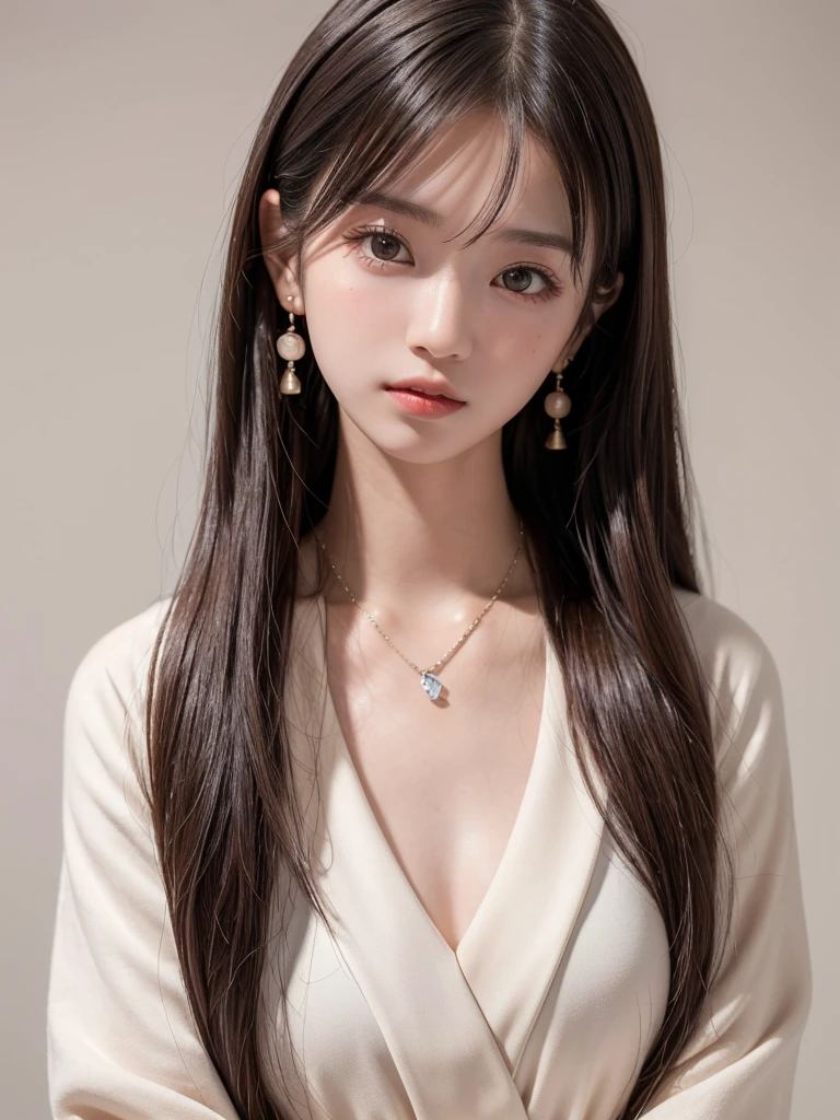 ((Highest quality, 8K, masterpiece:1.3)), concentrated: 1.2, Perfect Body Beauty: 1.4, Hip: 1.2, ((Long Hair, chest: 1.2)), (Dry clothes: 1.1) , (clear, Simple Background:1.3), Simple clothes: 1.1, Highly detailed face and skin texture,Delicate eyes, double eyelid, White skin, Rough skin、Long Hair、Bangs with earrings、necklace、 alone、Beige coat、White shirt, (((Cute Japanese Girl)))、 ((Beautiful Japanese woman 20 years old))、 ((Baby Face))、 (((Slender body)))、 Upper Body,Face Focus、necklace,Simple Background,From above, Realistic Hair、 The photo was taken:Canon EOS R6、135mm、1/1250 seconds、F2.8、ISO400、(Detailed description of the hand)、(Masseter region)、(Exquisite CGI)、Long Hair, loose and curly hair、Korean Hair、blonde、ゆるふわLong Hairスタイル、