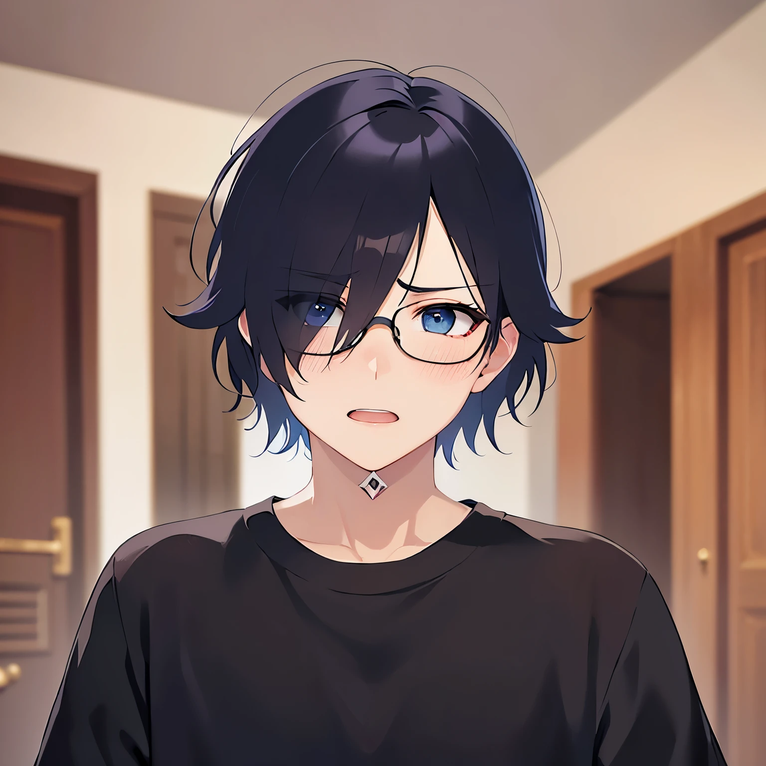 hand up, plastic frame eyewear、upper body、shiny skin, masterpiece、Highest quality、(25-year-old male:1.5) and (Black short hair) and (blue eyes), Hair over one eye, (Black T-shirt)、angry, (blush:1.3), open mouth, The background is the living room、(Alone:1.5)、Are standing