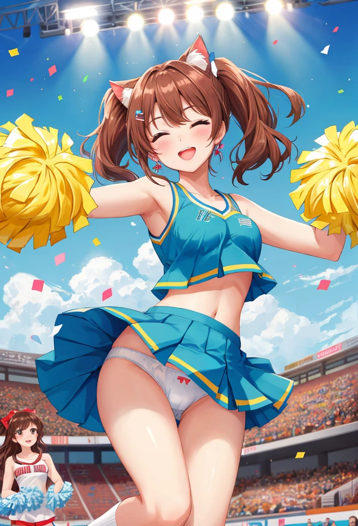 1 beautiful 20 year old girl, anime girl, cheerleader, pom poms, (cheerleaders:1.5), (pompoms:0.8), I'm rooting for you,  jumpping, cheer jumps, girly pose, dynamic motion, dynamic moves, football stadium, football field, burst of confetti, cheering crowd, cheerleader costume, (mini skirt), skirt lift, happy atmosphere, vibrant colors, white trainers, white short socks, white panties, (white panties:1.4), brown hair, bangs, ponytail, wavy hair, expressive hair, shiny hair, hair ornament, hair bow, one eye closed, aqua eyes, glowing eyes, cat ears, earrings, kemonomimi mode, open mouth, smile, blush, bright pupils, seductive smile, happy, red lips, tongue, upper teeth, big round breasts, slim waist, beautiful ass, defined body, full body, slim legs, defined thighs, anime, image fill, border, first-person view, pov, three-quarter front behind, perspective, Wide-Angle, macro photo, f/1.8, 85mm, Sony FE GM, 8k, super detail, UHD, retina, masterpiece, accurate, anatomically correct, best quality, highres