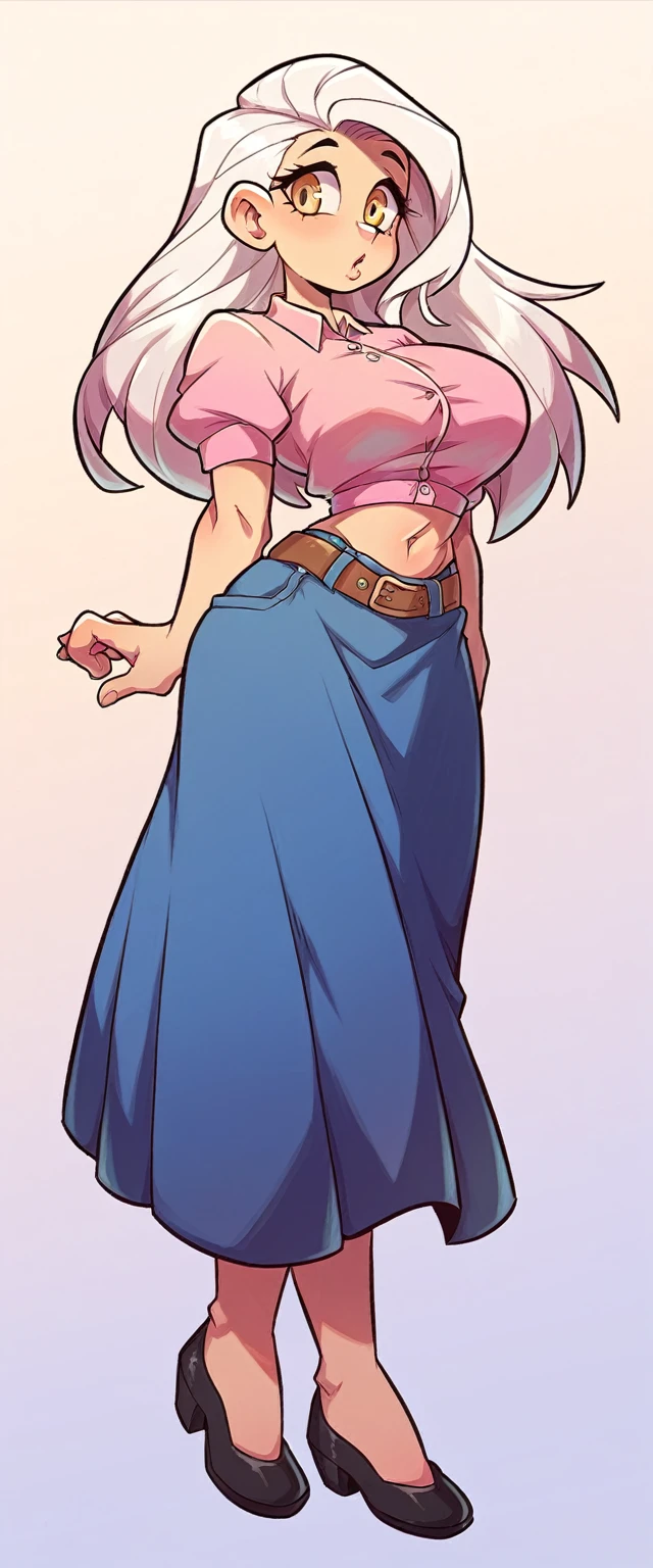 a tall girl, big , beautiful beauty, beautiful, cute, loving, long white hair, her blue-yellow eye, she wears a pink buttonn blouse, short sleeves, shows her navel and a short dark blue skirt, a brown belt, a long black heel.