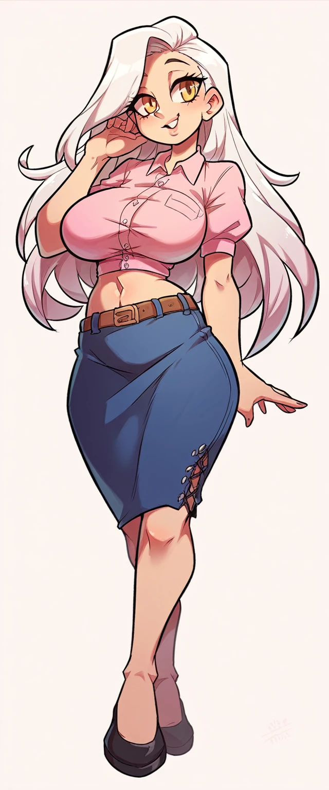  a tall girl, big breast, beautiful beauty, beautiful, cute, loving, long white hair, her blue-yellow eye, she wears a pink button-down blouse, short sleeves, shows her navel and a short dark blue skirt, a brown belt, a long black heel. 