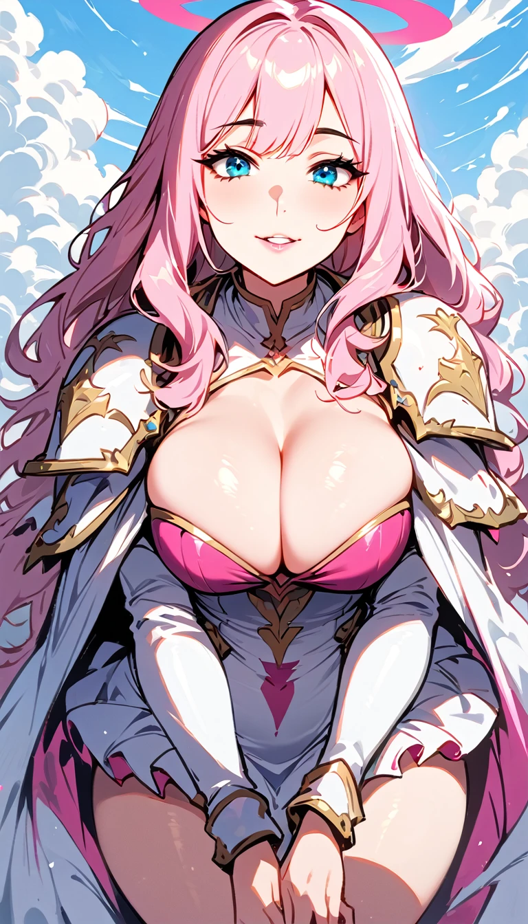 (high quality, 8k, 4K, high contrast, artwork:1.2, high quality, best aesthetics), (centered), ((1 woman)), erotic, sensual, sexy, mature body, adult body, adult woman, fleshy woman, super detailed, beautiful face detailed, beautiful eyes detailed, detailed beautiful mouth, (light pink hair, long light pink hair, wavy light pink hair), (blue eyes), (white medieval armor with pink details), (pink ruffed skirt) (shoulder pads), (cleavage on breasts), (long white cape), (pink angel halo), (calm expression), (standing), (looking at the viewer), (above the clouds), (clear blue sky), (front view)