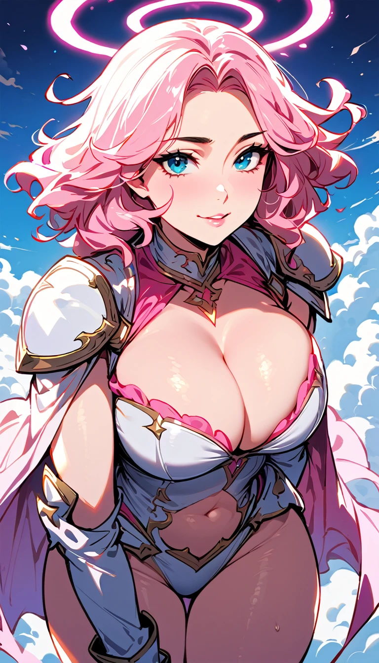 (high quality, 8k, 4K, high contrast, artwork:1.2, high quality, best aesthetics), (centered), ((1 woman)), erotic, sensual, sexy, mature body, adult body, adult woman, fleshy woman, super detailed, beautiful face detailed, beautiful eyes detailed, detailed beautiful mouth, (light pink hair, long light pink hair, wavy light pink hair), (blue eyes), (white medieval armor with pink details), (pink ruffed skirt) (shoulder pads), (cleavage on breasts), (long white cape), (pink angel halo), (calm expression), (standing), (looking at the viewer), (above the clouds), (clear blue sky), (front view)