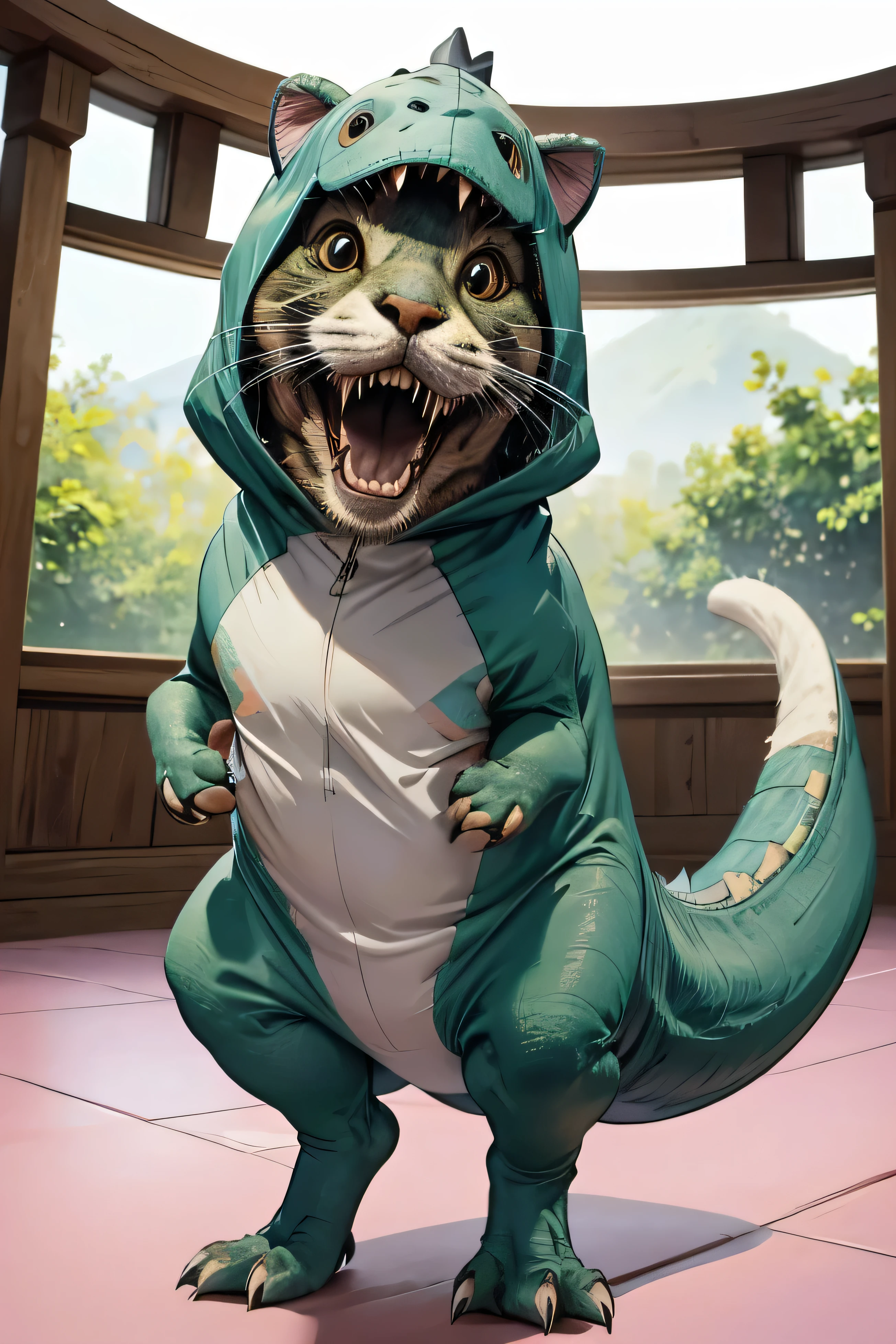 ganzkörperbild, alles im bild, a cute but cheeky cat dressed in a cool whole body plush tyrannosaurus rex dinosaur costume that lets only the face of the cat seen with tail