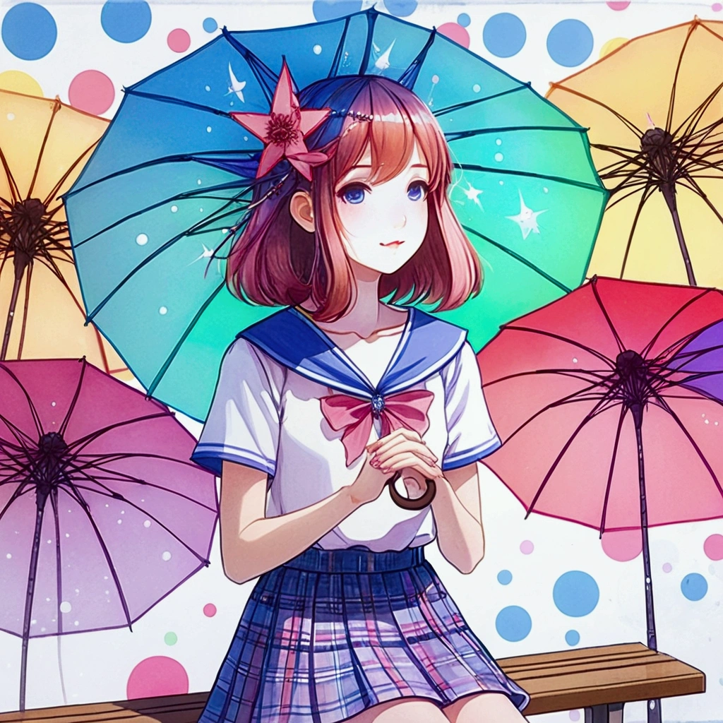 transparent girl like an animated character sits on a station bench.Girls are translucent.The girl's outline is painted in pale purple.The background is colorful and vivid,