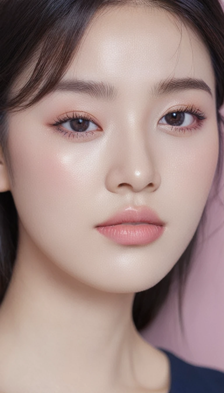 ultra wide shoot, front photo, elegant woman, (Photorealsitic)、(intricate detailes:1.2)、(masterpiece、:1.3)、beauty face, (top-quality:1.4)、(超A high resolution:1.2)、超A high resolution、(A detailed eye)、(detailed facial features), ((Realistic lighting、top-quality、8K、natural light, masterpiece:1.3))、bright photo, Clear focus:1.2、1girl in、flawless beauty:1.4、Superfine Face、big Narrow-eyed、double eyelid、photos realistic, perfect eyes, perfect skin, detailed skin, detailed face, looking viewer, front view, potrait, raw photo, simple soft pink background, (intricate detailed skin textured:1.4) front view, looking viewer, clear face, 1 girl、porate、Bright and very beautiful face、beautiful girl, A stunning close-up portrait showcasing the beauty of a Korean model. The composition features soft, natural lighting , bright eyes, and striking cheekbones. Her glossy, The background is simply black background, smile, wear sweetshirt, neat hair, long hair, instagram model, profil picture, bright and natural