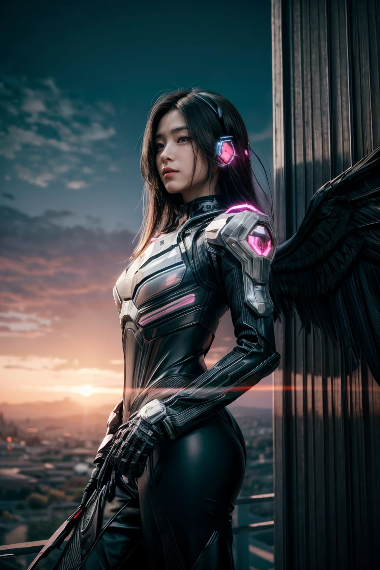 ((masterpiece, best quality, extremely detailed), volumetric lighting, ambient occlusion, colorful, glowing), 
1girl, solo, young girl, (dark hair), long hair, halo, aura, sacred, godness, cyber suit, (black outfit:1.3), android, bot, cybernetic wings,
outdoors, sunset, sky, clouds, space, (cyberpunk theme:1.2),