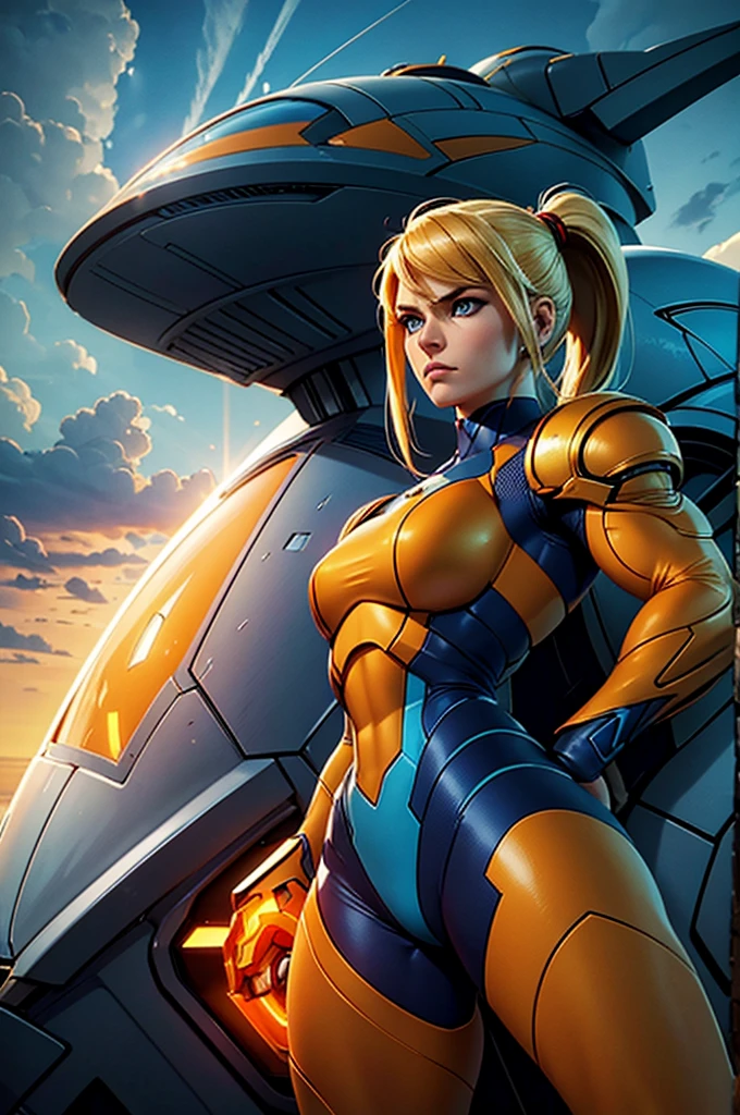 side view, small head, Sside view, small head, Samus Aran, upper-body shot, (ultrasharp, masterpiece, best quality), blonde ponytail, blue eyes, samus aran, (orange armor:1.0), varia suit, neon blue trim, (solo), (overcast sky background and flying spaceship), official art