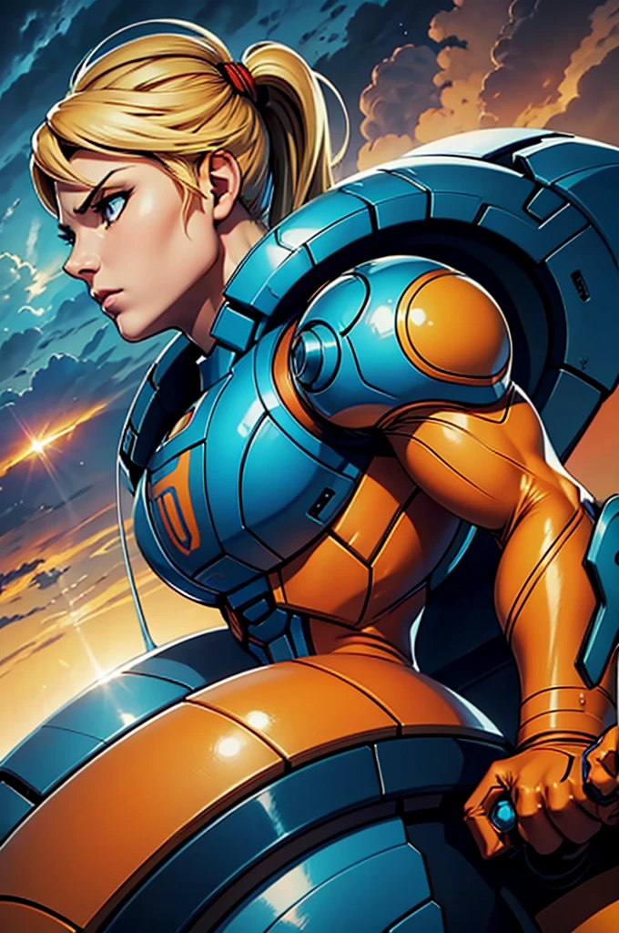 side view, small head, Sside view, small head, Samus Aran, upper-body shot, (ultrasharp, masterpiece, best quality), blonde ponytail, blue eyes, samus aran, (orange armor:1.0), varia suit, neon blue trim, (solo), (overcast sky background and flying spaceship), official art