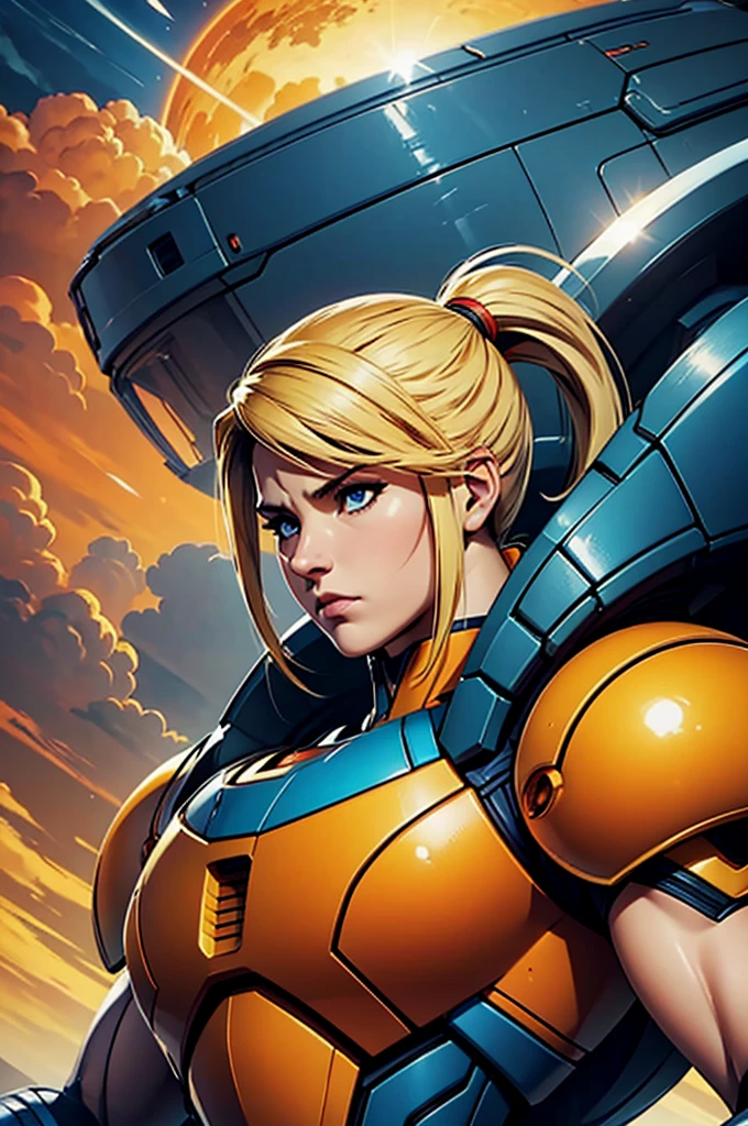 side view, small head, Sside view, small head, Samus Aran, upper-body shot, (ultrasharp, masterpiece, best quality), blonde ponytail, blue eyes, samus aran, (orange armor:1.0), varia suit, neon blue trim, (solo), (overcast sky background and flying spaceship), official art