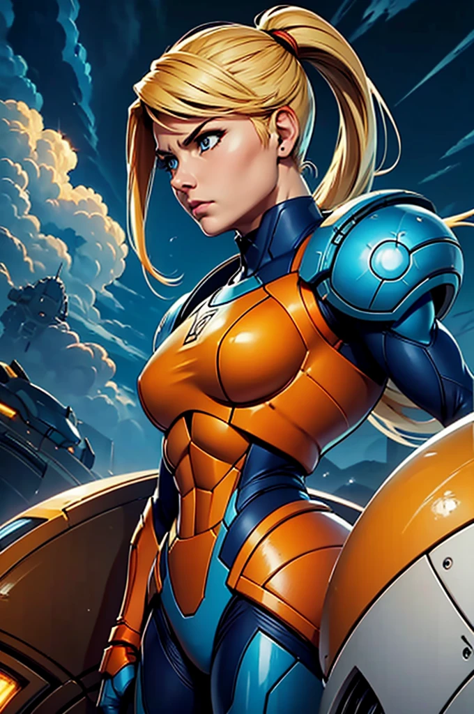 side view, small head, Sside view, small head, Samus Aran, upper-body shot, (ultrasharp, masterpiece, best quality), blonde ponytail, blue eyes, samus aran, (orange armor:1.0), varia suit, neon blue trim, (solo), (overcast sky background and flying spaceship), official art