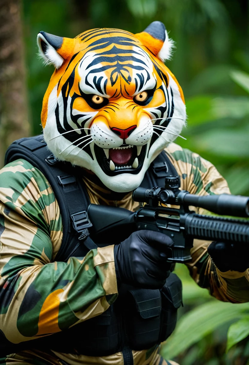 (a dark-skinned fat old man in a bulky camouflage zipper diver suit) shooting with a gun and (wearing roaring siberian tiger mask that show the wearer eyes), muscular, Basuki Abdullah, sumatraism, action, a character portrait, heroic, fierce, snarling