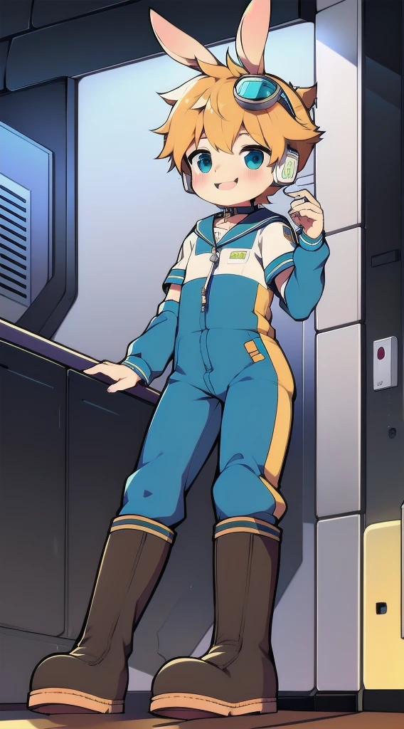 2D Shonen Shota,Dark green climbing jumpsuit,Slim, healthy body,Put the headphones on your head,stand up,goggles,Rabbit ears,Happy,Sailor collar,boots,charming,Akimbo