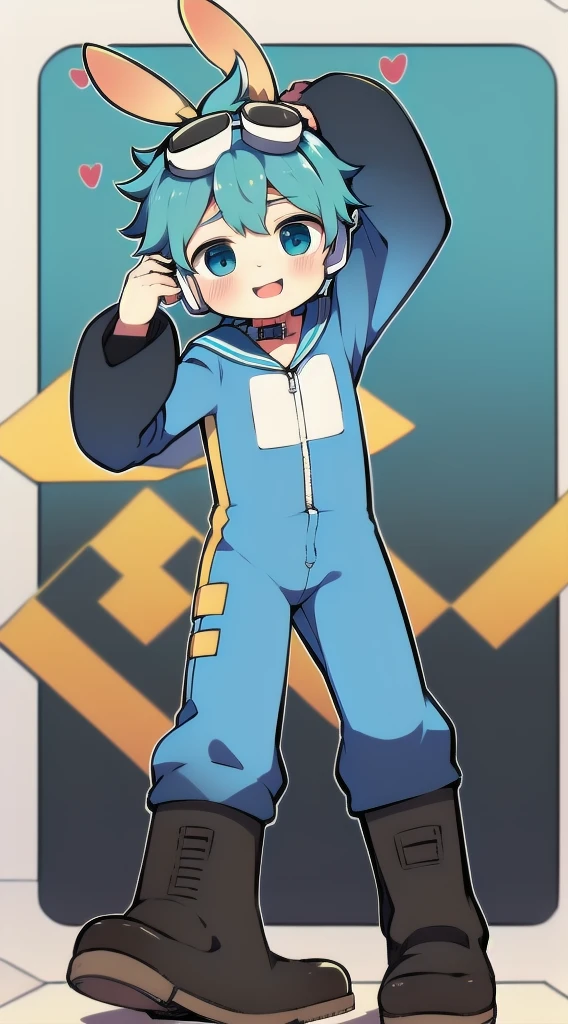 2D Shonen Shota,Dark green climbing jumpsuit,Slim, healthy body,Put the headphones on your head,stand up,goggles,Rabbit ears,Happy,Sailor collar,boots,charming,Akimbo