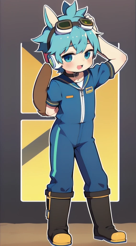 2D Shonen Shota，Dark green climbing jumpsuit，Slim, healthy body，Put the headphones on your head，stand up，goggles，Rabbit ears，Happy，Sailor collar，boots，charming，Akimbo