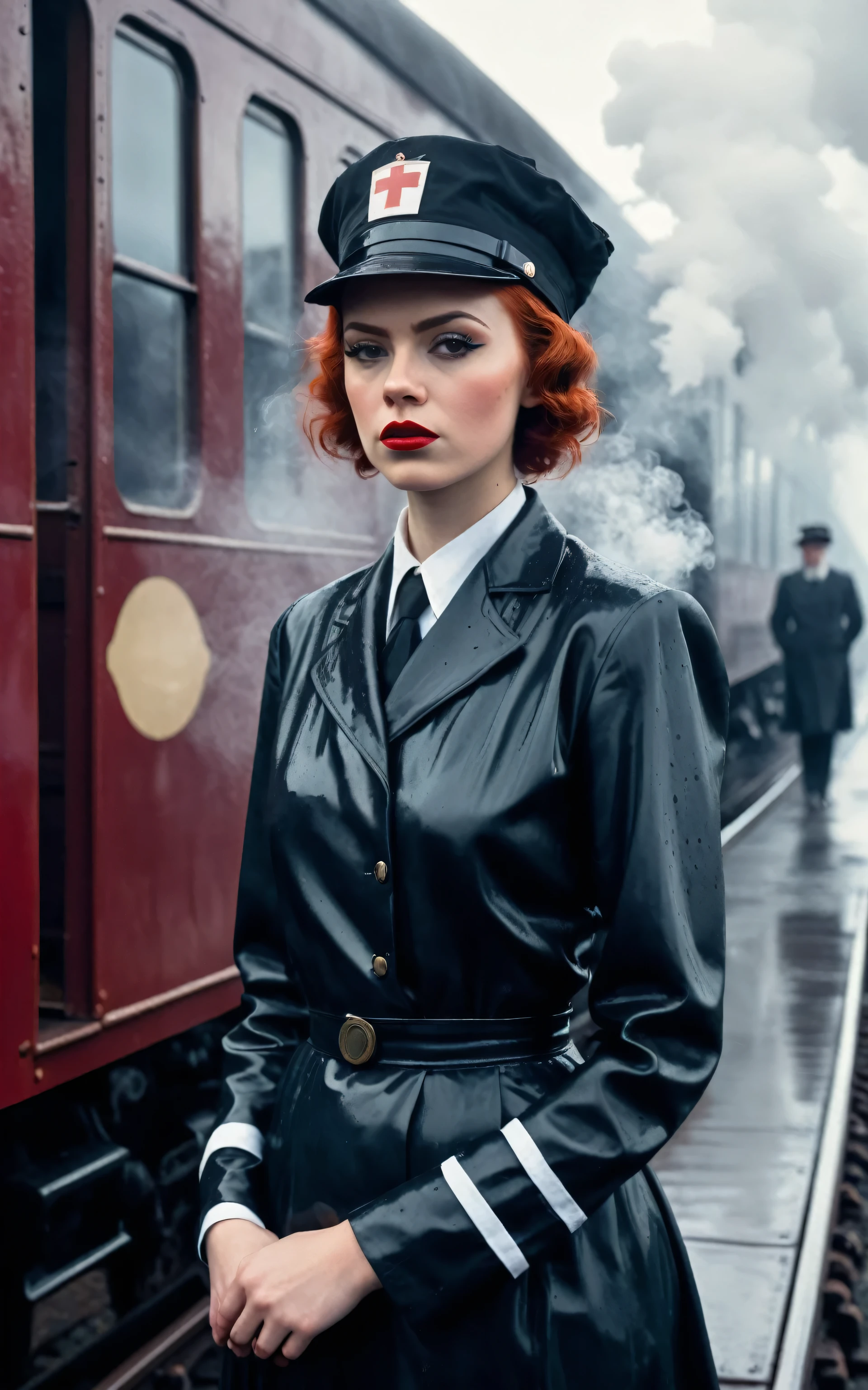 a photo of, a grim faced young woman wearing a nurses uniform stands on the platform next to a railway carriage, steam locomotive, mist, steam, smoke, rain, luggage, redhead, buzzcut, red lipstick, reflections, art deco, 1930s, film noir, extreme close up, portrait, dramatic shadow evocative analog film noise ,in the style of neil-krug
