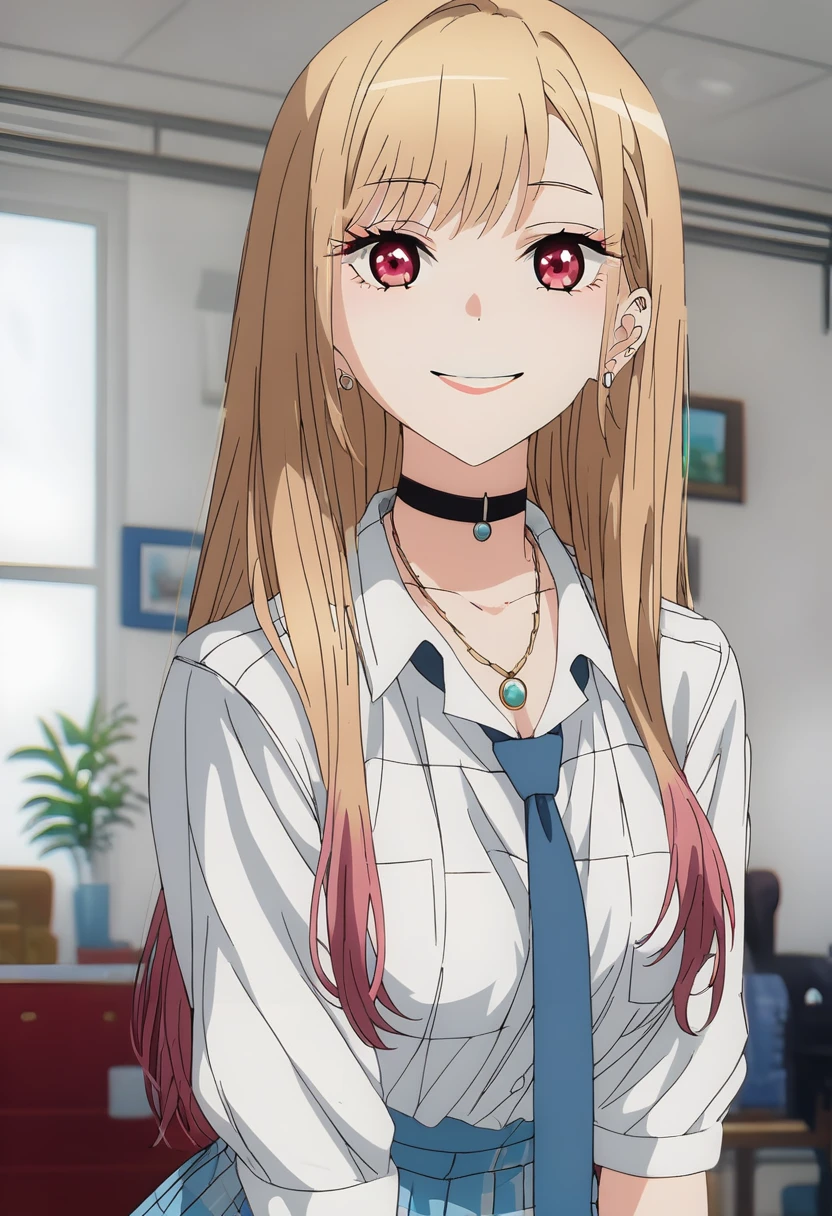 (score_9_superior, score_8_superior, score_7_superior), (masterpiece, Highest quality, Super detailed, Intricate details, source anime, High resolution, Smooth lines,nsfw), Kitagawa Marine, One girl, alone, Long Hair, chest, View your viewers, smile, bangs, Blonde, large chest, Red eyes, jewelry, medium chest, Multicolored Hair, Earrings, choker, necklace, black choker, Earrings, ear Earrings,nsfw,maid , White shirt, tie shirt, Blue tie, Checked skirt, anime,