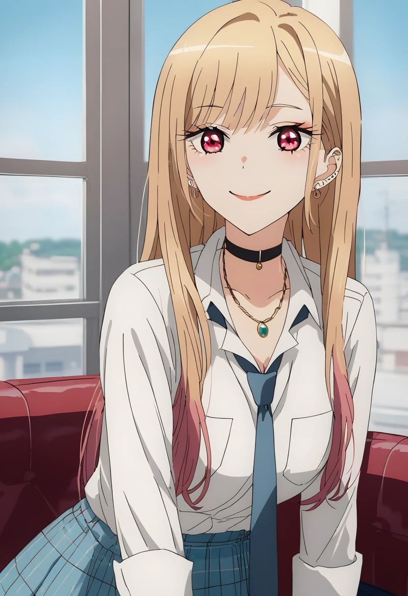 (score_9_superior, score_8_superior, score_7_superior), (masterpiece, Highest quality, Super detailed, Intricate details, source anime, High resolution, Smooth lines,nsfw), Kitagawa Marine, One girl, alone, Long Hair, chest, View your viewers, smile, bangs, Blonde, large chest, Red eyes, jewelry, medium chest, Multicolored Hair, Earrings, choker, necklace, black choker, Earrings, ear Earrings,nsfw,maid , White shirt, tie shirt, Blue tie, Checked skirt, anime,